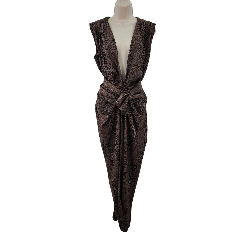 BLUZAT Vest‎ Viscose Snakeskin Wrap Cardigan Duster Tie Belt Brown Wrap DressXL
